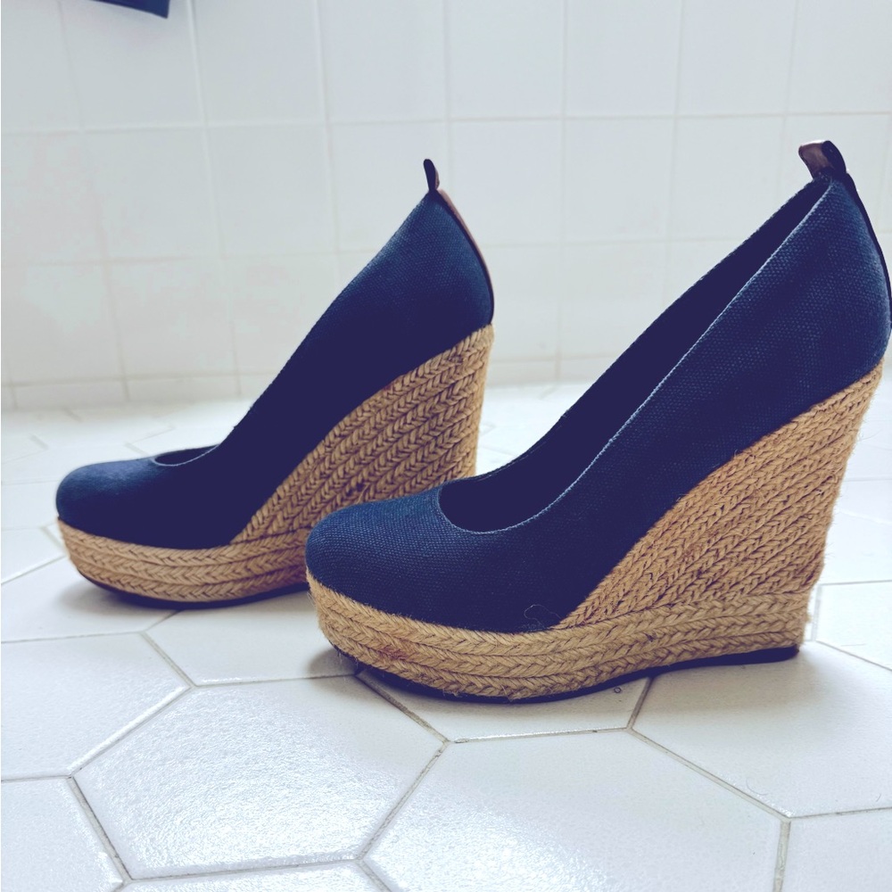Aldo Navy and Tan Wedge Espadrilles